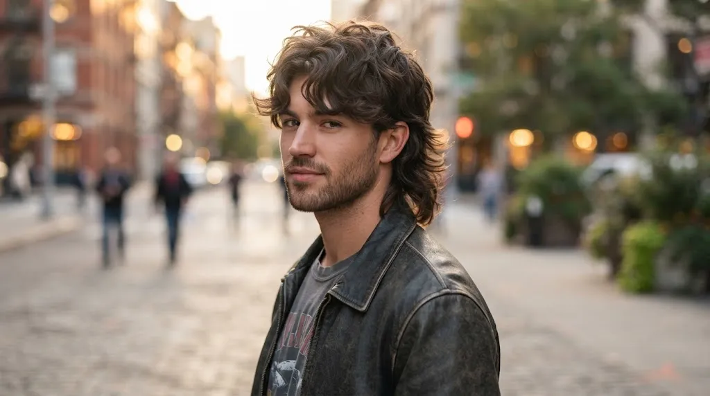 A man with a trendy, medium-length textured wolf cut hairstyle, featuring choppy layers and a mullet shape, standing on an urban street during golden hour.