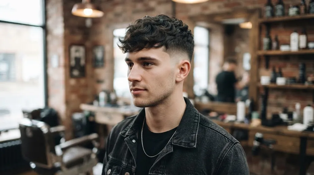 A stylish man with a sharp Two Block Haircut, featuring a disconnected, textured wavy top and a clean skin fade, standing in an urban barbershop.