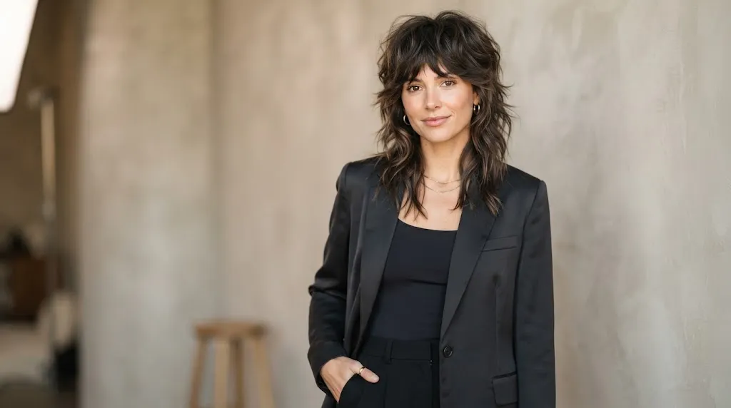 Woman showcasing a modern wolf cut haircut with heavily layered shaggy texture and face-framing fringe