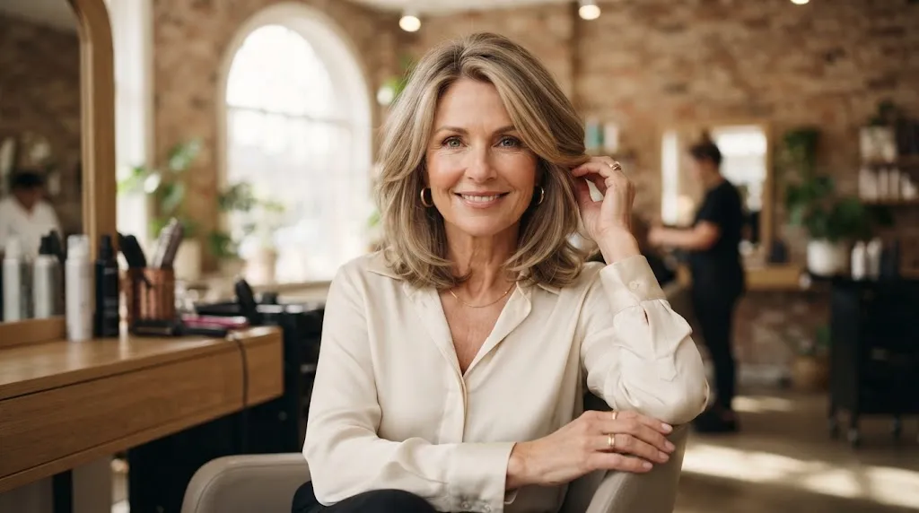 A beautiful 50-plus woman with a modern soft layered shoulder-length lob haircut framing her face elegantly.