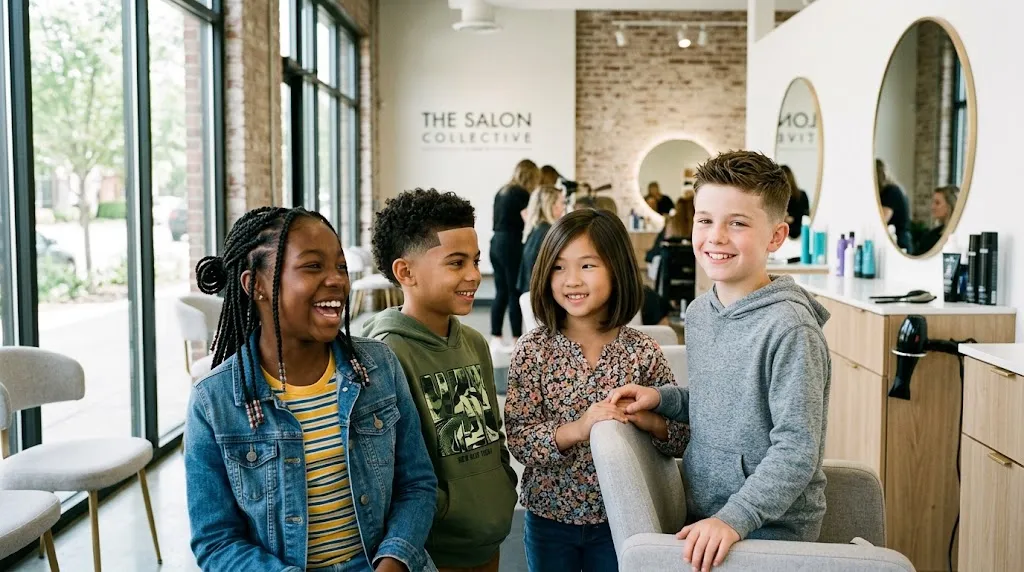 A group of smiling diverse children showcasing top trending 2026 hairstyles including shoulder-length bob, textured crop, knotless box braids, and low-taper fade.