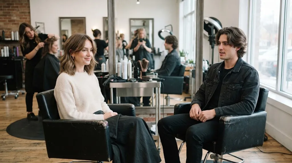 A woman with a collarbone-length off-duty lob and a man with a textured center-part haircut sitting in a modern salon setting.