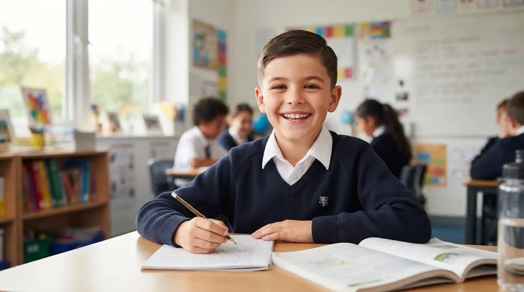 A well-groomed school boy with a clean, low-maintenance normal haircut smiling happily in a bright classroom.