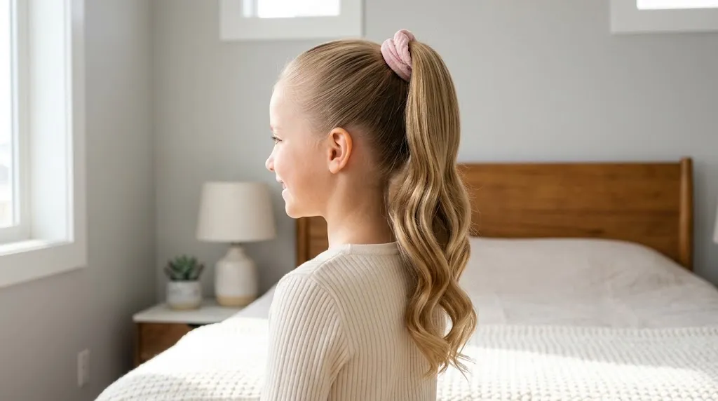 A cute young girl showcasing a smooth, bump-free high ponytail with soft wavy ends secured by a soft hair tie.