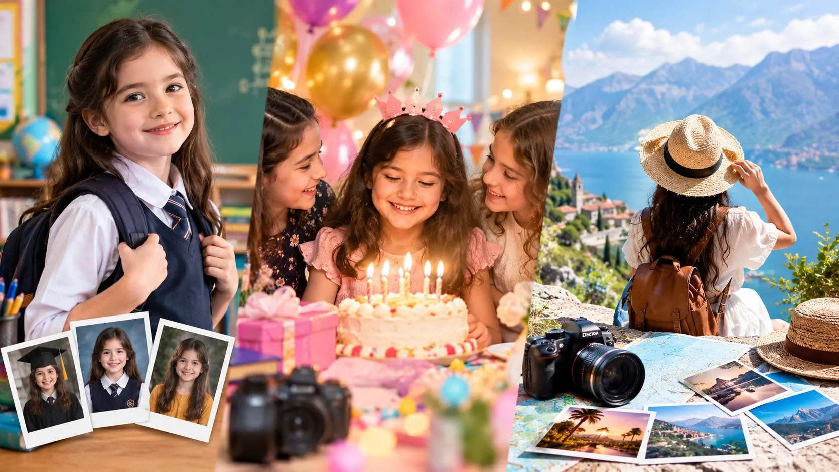 School picture day portraits, a child's birthday celebration, and holiday travel photography.