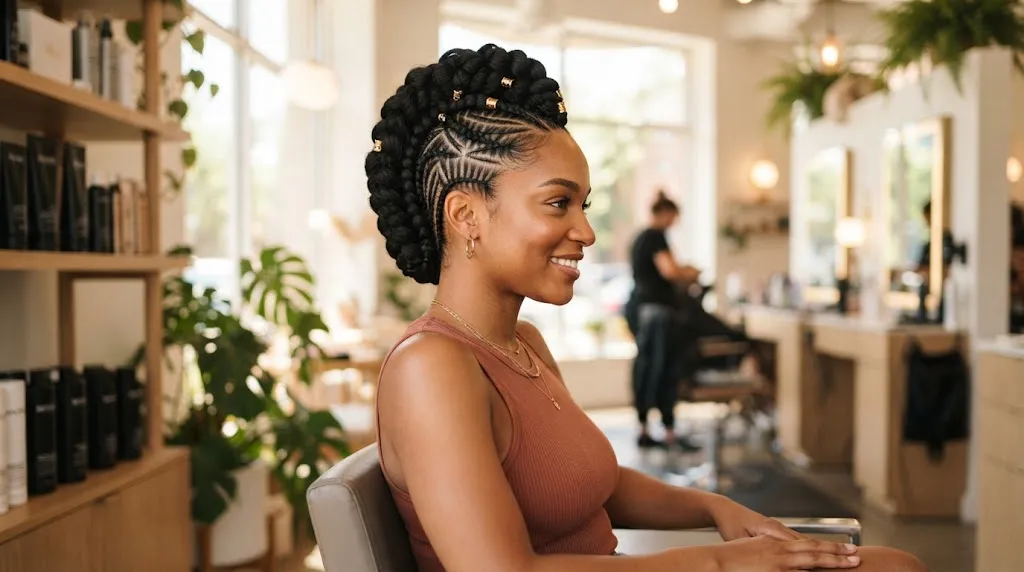 A person showcasing a stylish and clean cornrow mohawk haircut with tight braids along the scalp and height in the center.