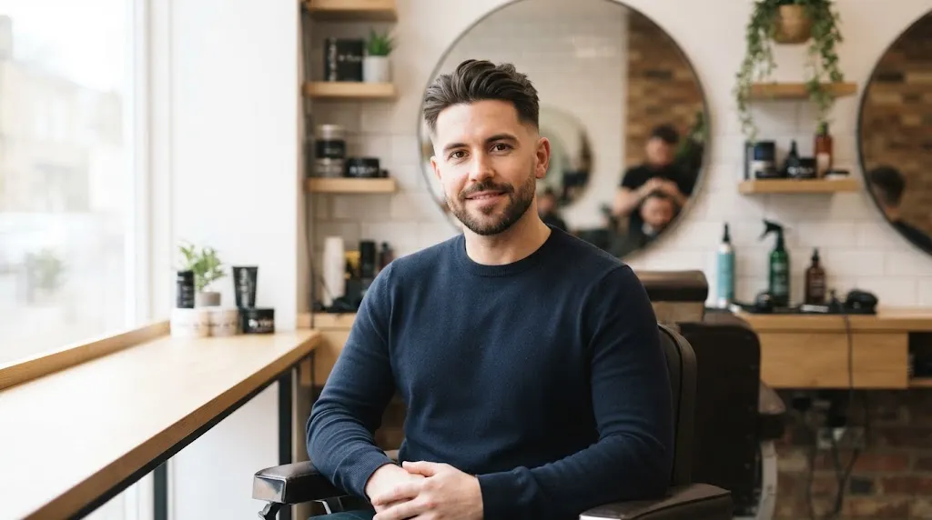 A man with a neat, well-styled straight haircut showing smooth texture and clean taper sides in a modern setting