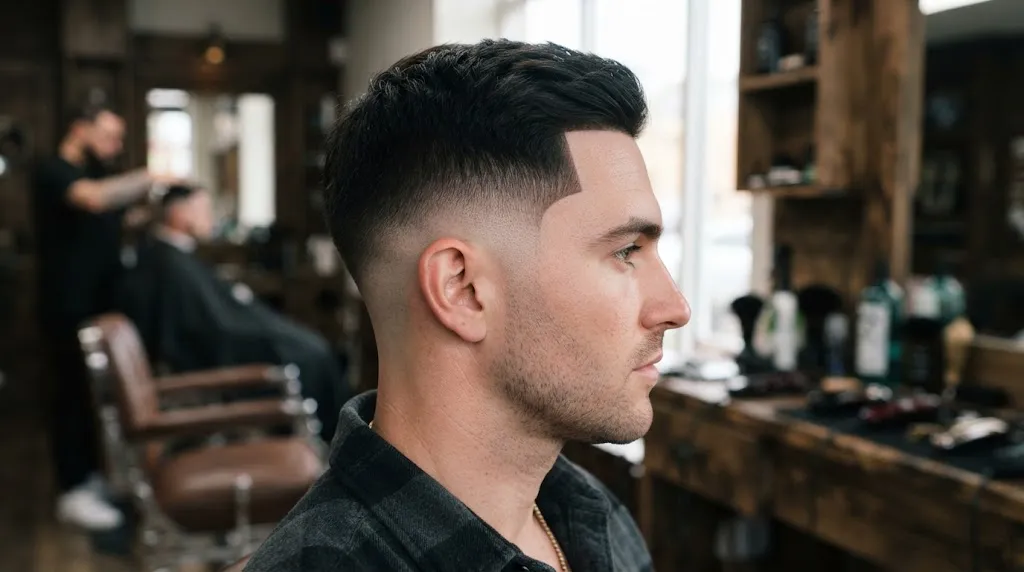 Close-up portrait of a man showcasing a sharp and clean temple fade haircut with a natural line-up around the sideburns
