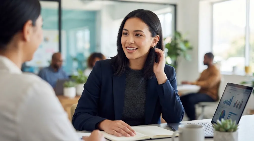 A professional woman in a navy blazer smiling and talking with a colleague in a bright office, demonstrating that her stylish nape undercut is completely concealed while her hair is down.