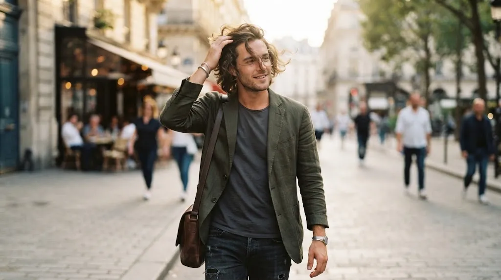 A young man experiencing common flow hairstyle styling challenges with medium-length wavy hair outdoors