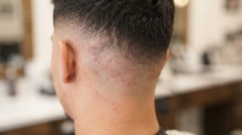 A close-up photograph of a man's neck and scalp showing visible red bumps and skin irritation immediately after receiving a close skin fade haircut with clippers and a razor.