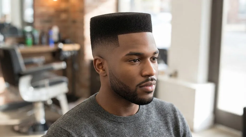 A man with a precise, sculpted flat top haircut and a sharp fade, set in a modern barbershop.