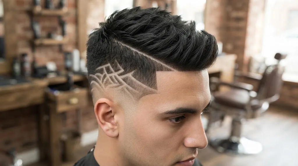 A close-up of a men's haircut featuring a precise hard part line and a complex geometric shaved pattern on a skin fade.