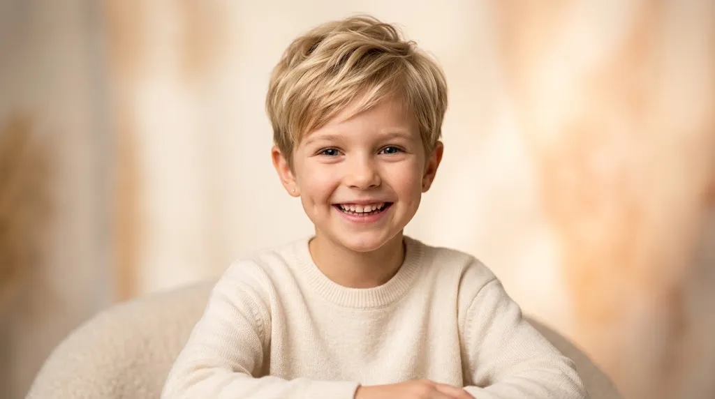 Cute girl with a short layered pixie cut hairstyle featuring neat edges around ears and a soft fringe