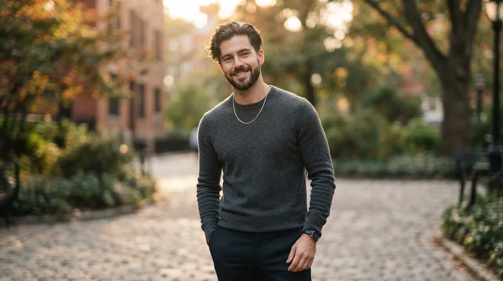 A stylish man with a classic side part flow haircut and a well-groomed beard showcasing natural movement