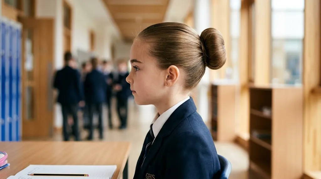 Side view of a young girl with a perfectly smooth and neat sleek bun hairstyle, styled cleanly without flyaways.