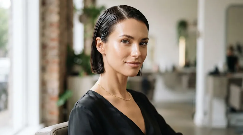 A woman with a sharp, jaw-length slicked microbob haircut featuring a glossy finish and exposed jawline