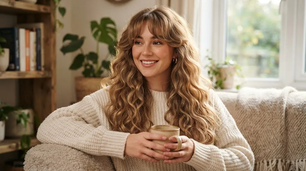 Person with long hair featuring soft cascading curls and face-framing curtain bangs
