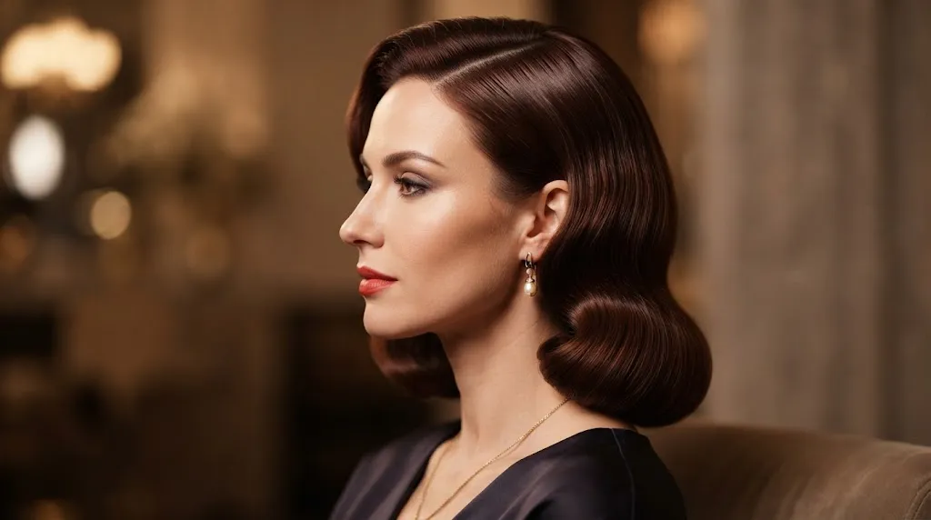 Elegant woman showcasing a chin-length soft curved bob hairstyle with glossy inward-curled ends and a deep side part.