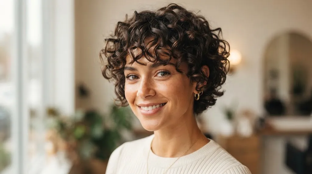 Close-up portrait of a woman with a gorgeous textured curly pixie haircut and defined springy curls