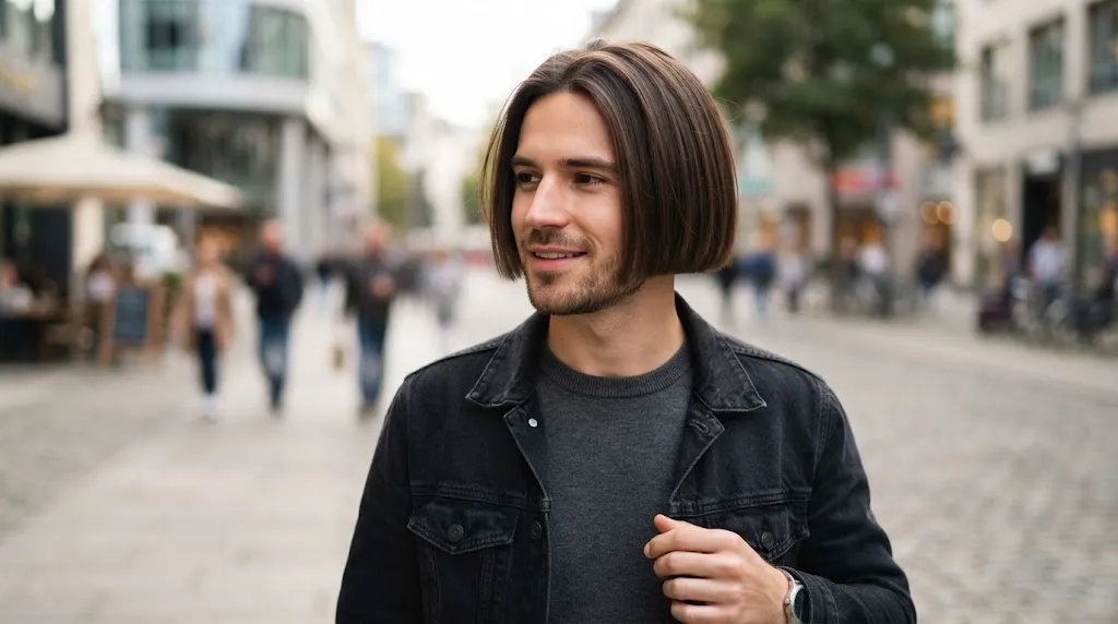 A fashionable young man with a sharp, jaw-length blunt bob haircut walking confidently on a European city street.