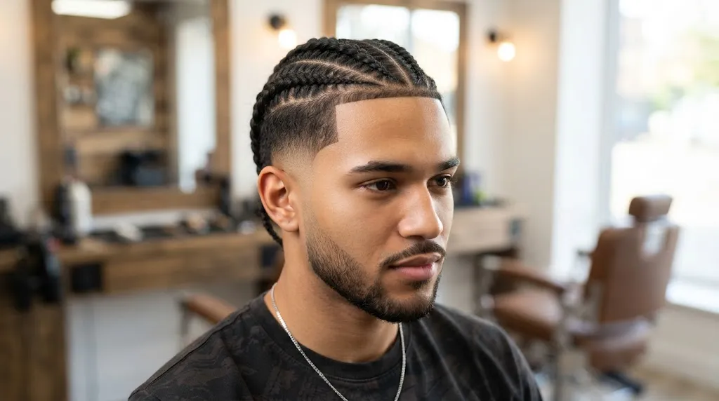 A young man in a barbershop with neat cornrow braids on top and a sharp taper fade on the sides.