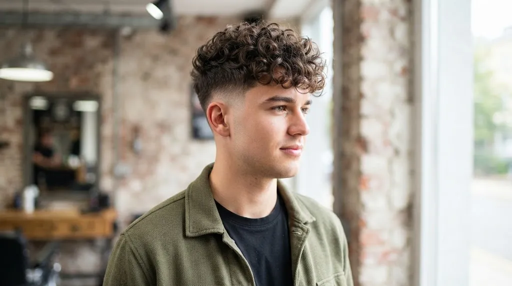 A young man in a barbershop with a trendy Broccoli Cut hairstyle, showing tight curls on top and a skin fade.