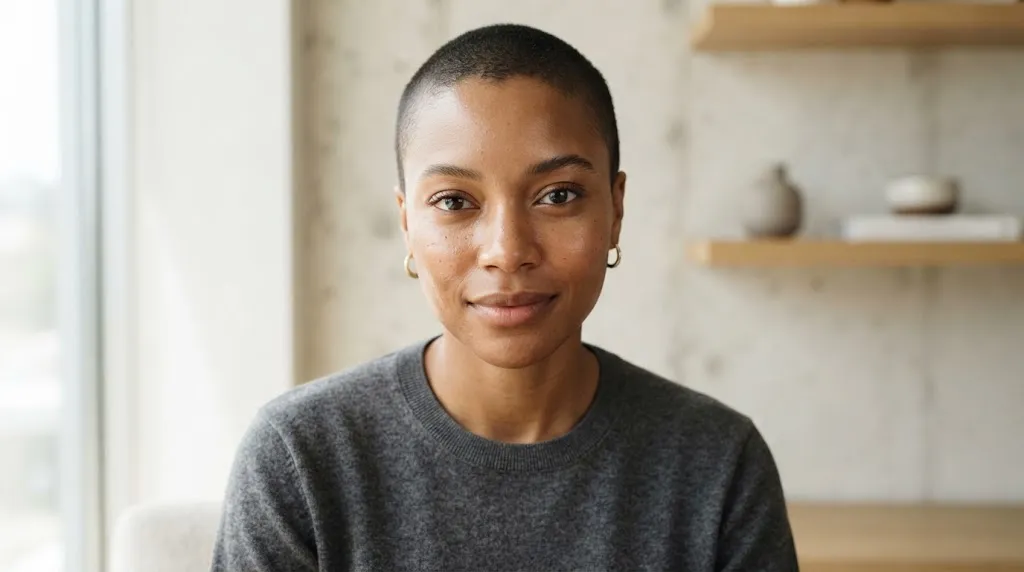 A close-up portrait of a person with a clean, low-maintenance buzz cut against a minimalist background.