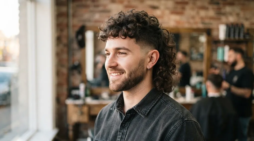A man with a fashionable curly mullet haircut featuring volume on top and faded sides, smiling in a barbershop.
