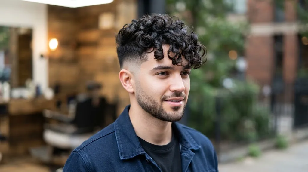A young man with a stylish curly undercut hairstyle, featuring voluminous, textured dark curls on top contrasted by a sharp skin fade on the sides and back, set against a blurred barbershop and urban background.