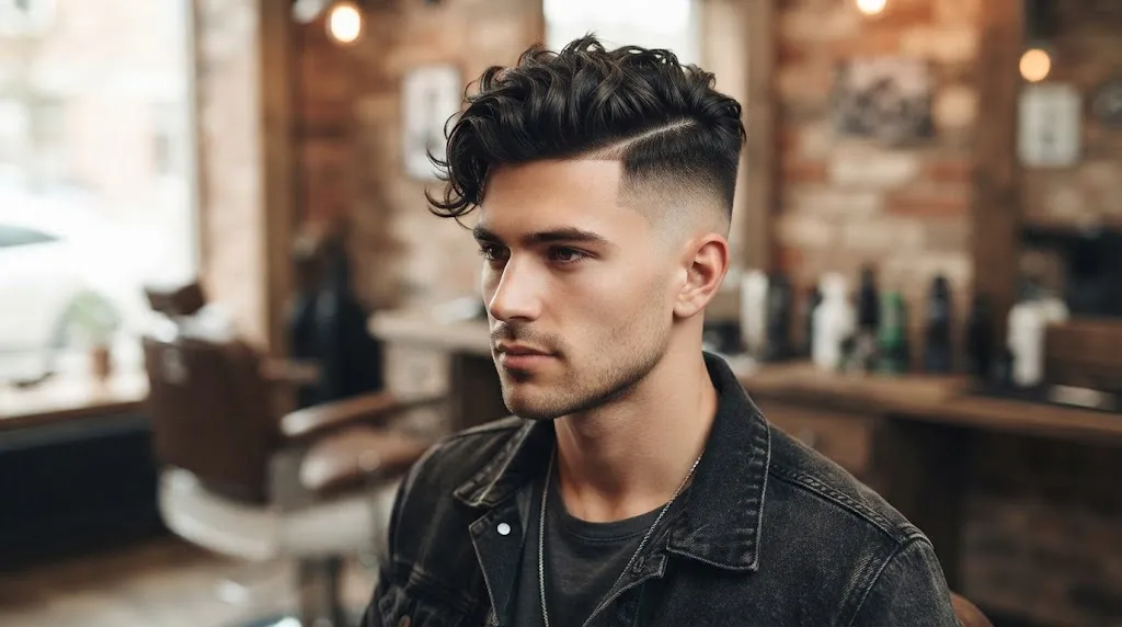 A sharp, modern disconnected undercut hairstyle on a man in a barbershop, featuring long wavy hair on top and a skin fade on the sides.Y