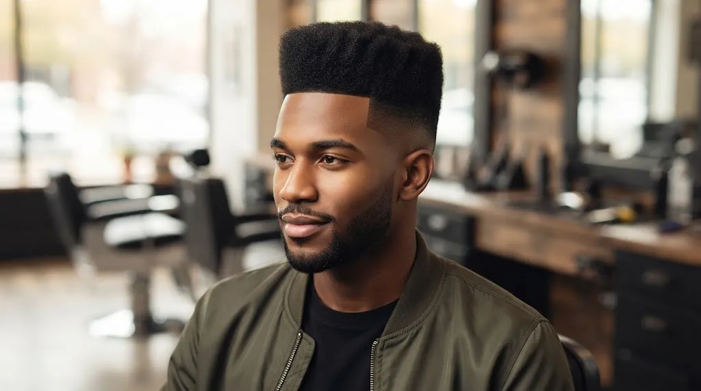 A stylish Black man with a perfectly sculpted high-top fade haircut and a short beard, looking confident in a modern barbershop setting.