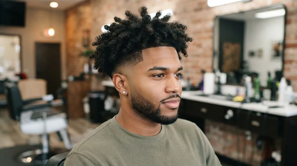 A medium close-up photograph of a Black man with voluminous, textured dark curls on top and a sharp skin fade on the sides and back, sitting in a modern barbershop.