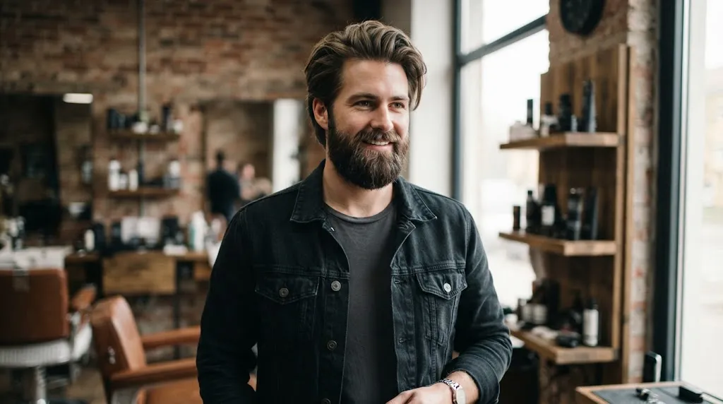 A well-groomed man in a barber shop showing a balanced length between his stylish medium-length hair and full beard.