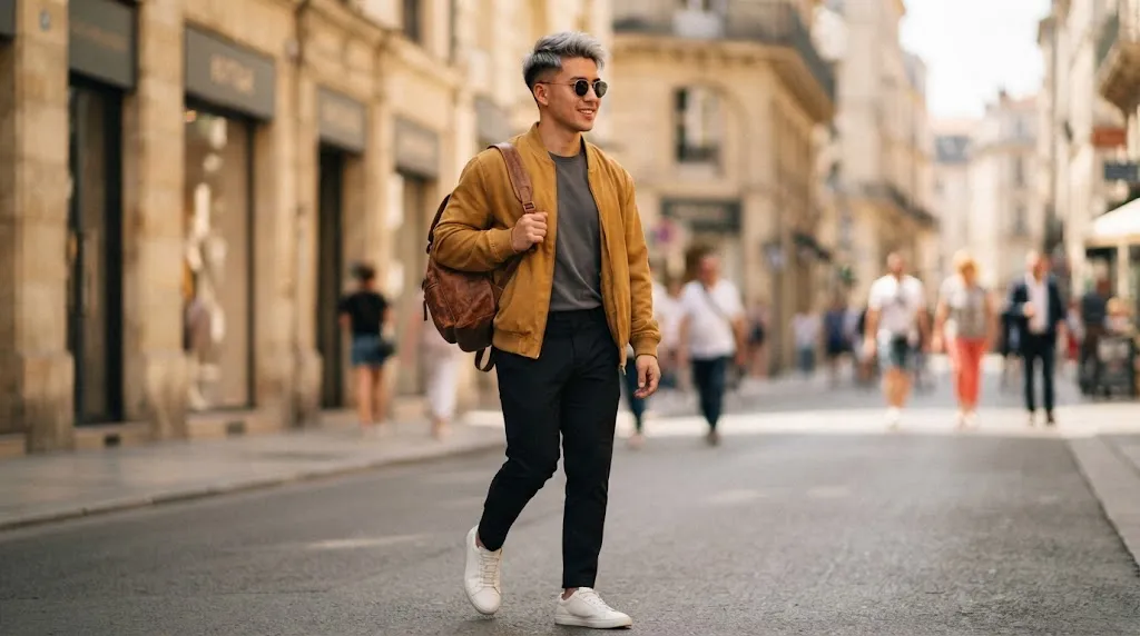A fashionable man walking in a city street, showcasing a stylish silver hairstyle and a mustard yellow jacket, with a blurred urban background.