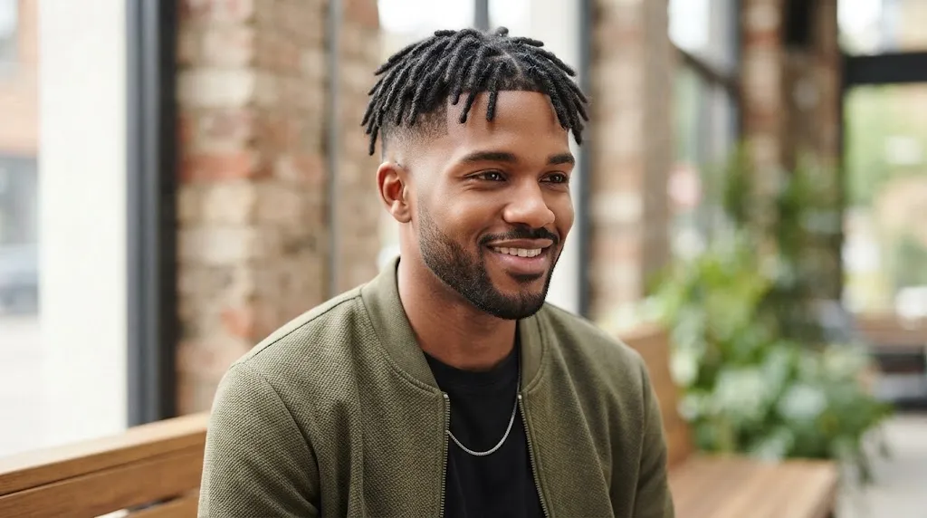 A close-up portrait of a smiling Black man in an olive jacket showcasing his neatly styled short dreadlocks and skin fade haircut in an urban setting.