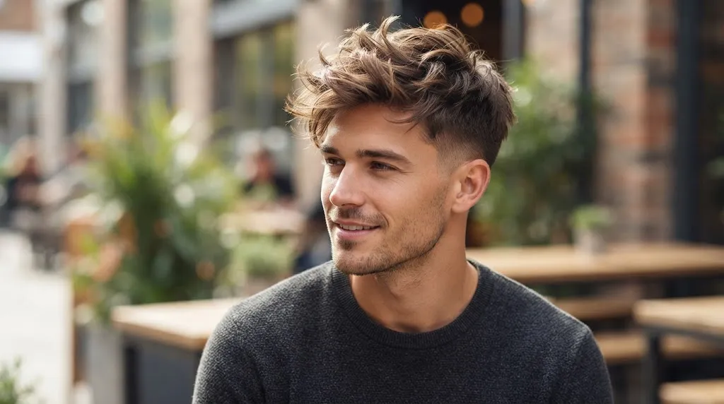 A medium-close portrait of a man outdoors in a cafe setting, sporting a modern, stylish short messy hairstyle with textured volume on top and a clean fade on the sides, looking confident.