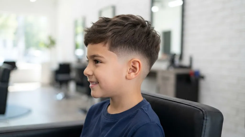 Side profile of a young boy showcasing a clean taper fade haircut with textured natural hair on top