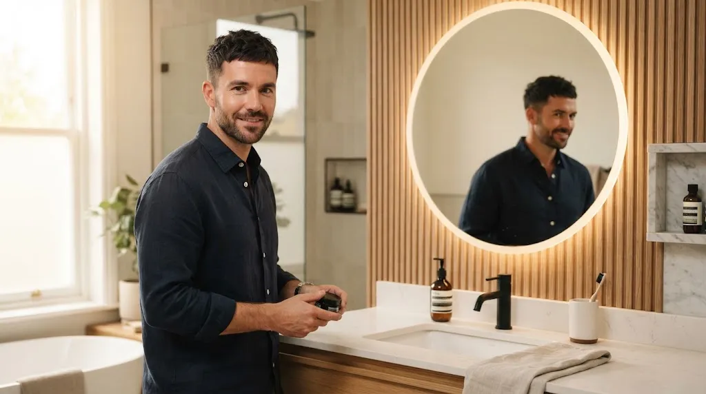 Man with a modern textured crop haircut that makes thinning hair look thick and natural
