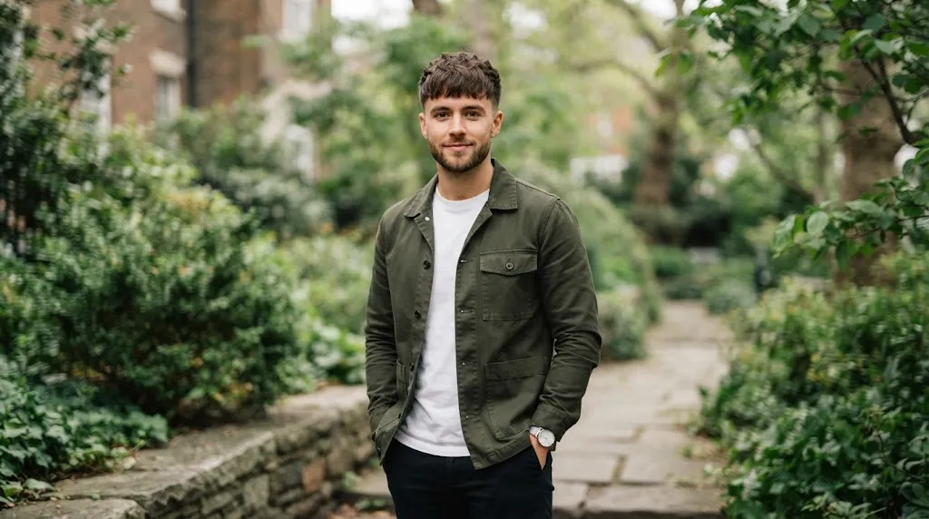 A stylish young man outdoors wearing a modern textured fringe haircut with clean tapered sides.
