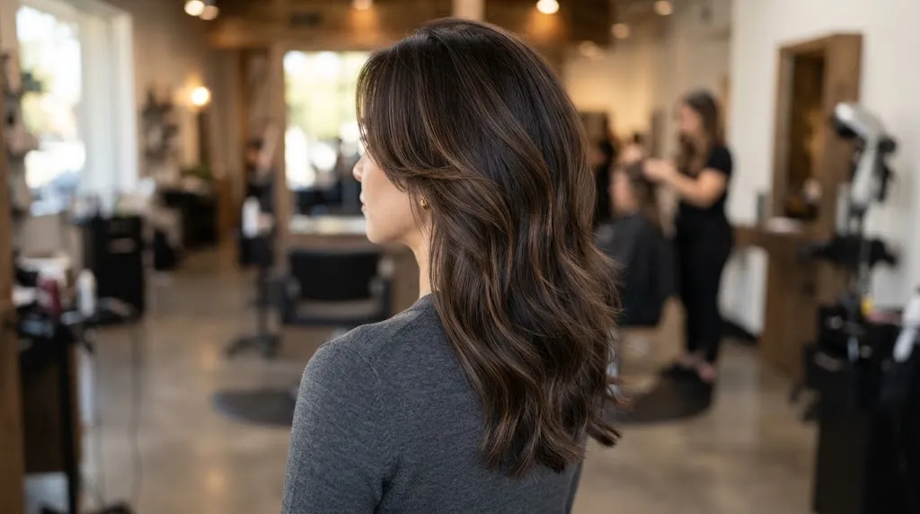 Woman with mid-length brown hair showing soft textured layers from mid-lengths to ends for natural volume and movement