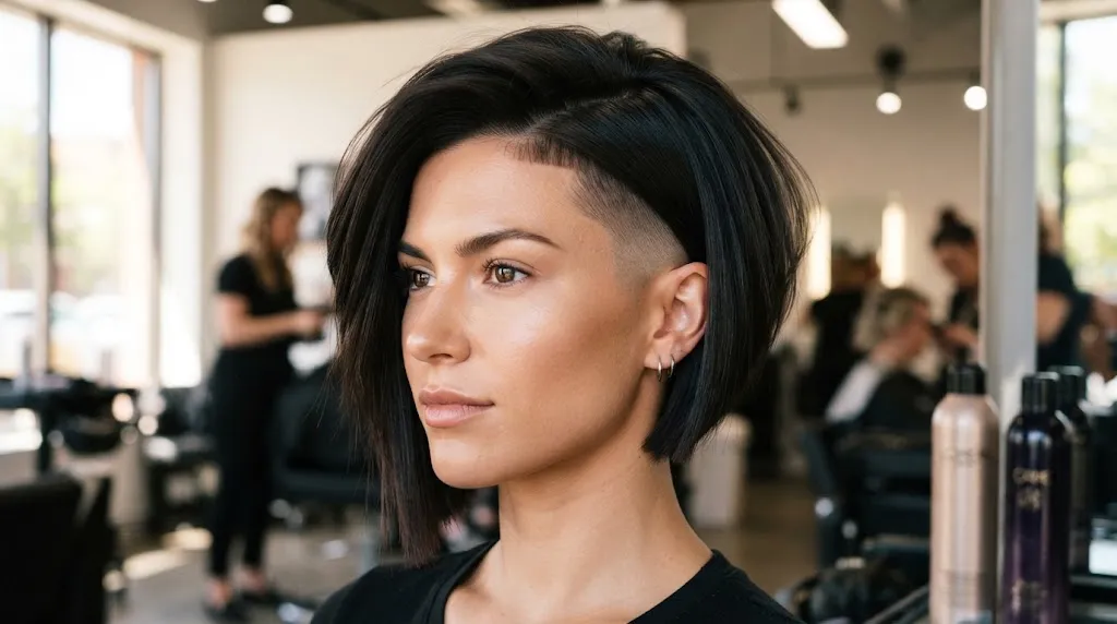 Close-up of a modern bold hairstyle displaying striking length contrast and sharp structural lines