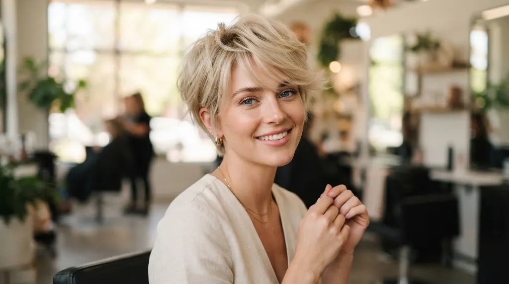 Side profile of a woman showcasing a modern Tinkerbell haircut with soft, feathered pixie layers, delicate wispy sideburns, and a textured crown.