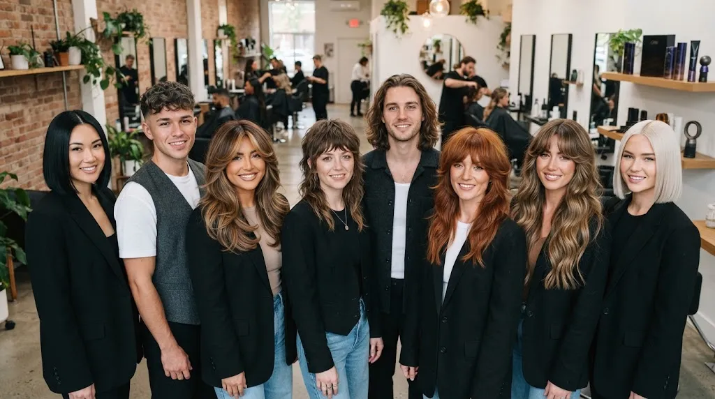 Diverse group of women and men showcasing the top 10 trending hairstyles for 2026 including liquid bob, textured crop, and butterfly layers in a professional salon setting.
