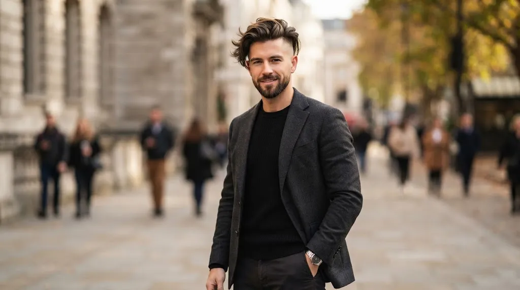 A man showcasing a stylish undercut flow haircut with clean short sides and a textured, swept-back top.