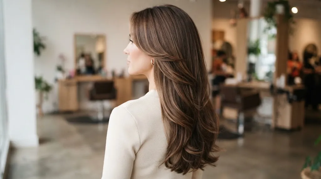 Back view of long hair cut in smooth cascading waterfall layers with soft, fluid movement and natural shine