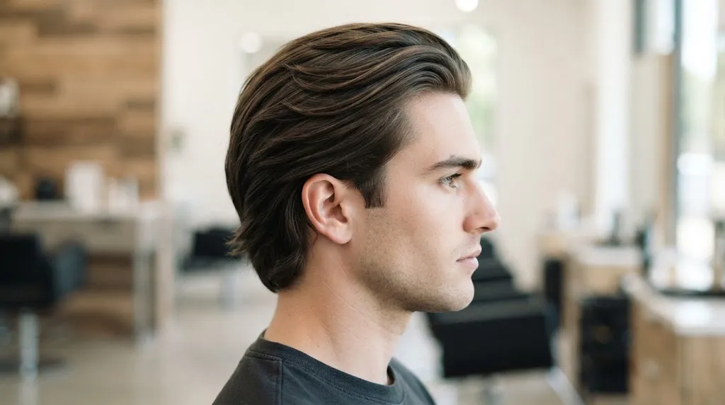 Side profile view of a man showing 3-inch hair length on top sweeping backward naturally for a flow hairstyle