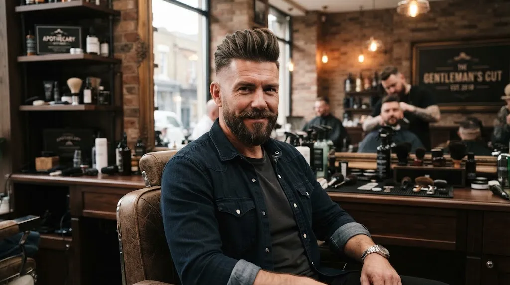 Man showcasing a rugged and masculine haircut with a textured pompadour, sharp geometric lines, and a clean skin fade