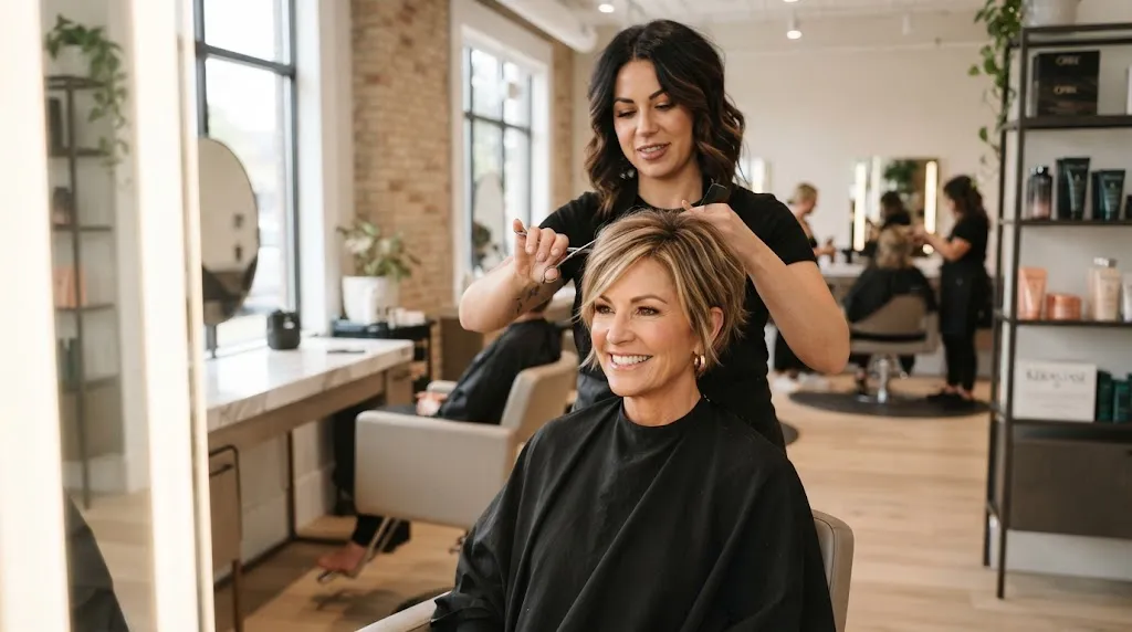 A stylish woman with a modern bixie haircut showing texture and volume that creates a youthful look in a professional salon.