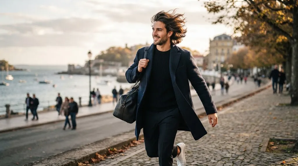 A stylish man outdoors showcasing a dynamic windswept bro flow haircut with natural movement